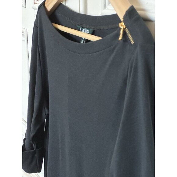 NEW Lauren Ralph Lauren W's Sz M Top Cuffed Short Sleeve Black Gold Zip Accent - Picture 4 of 11